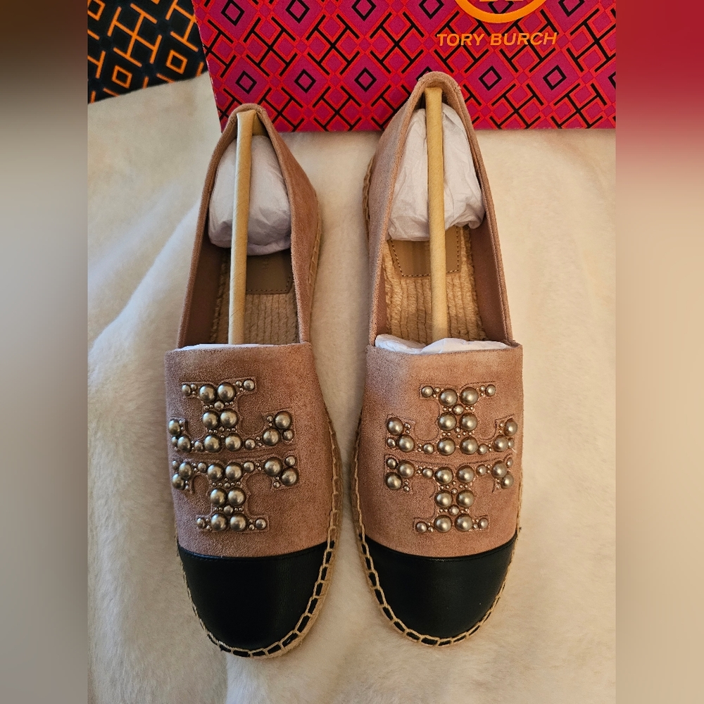 00224- NEW! TORY BURCH PEARL LOGO FLAT ESPADRILLE SENSORY MFO-SUEDE- - Picture 7 of 11